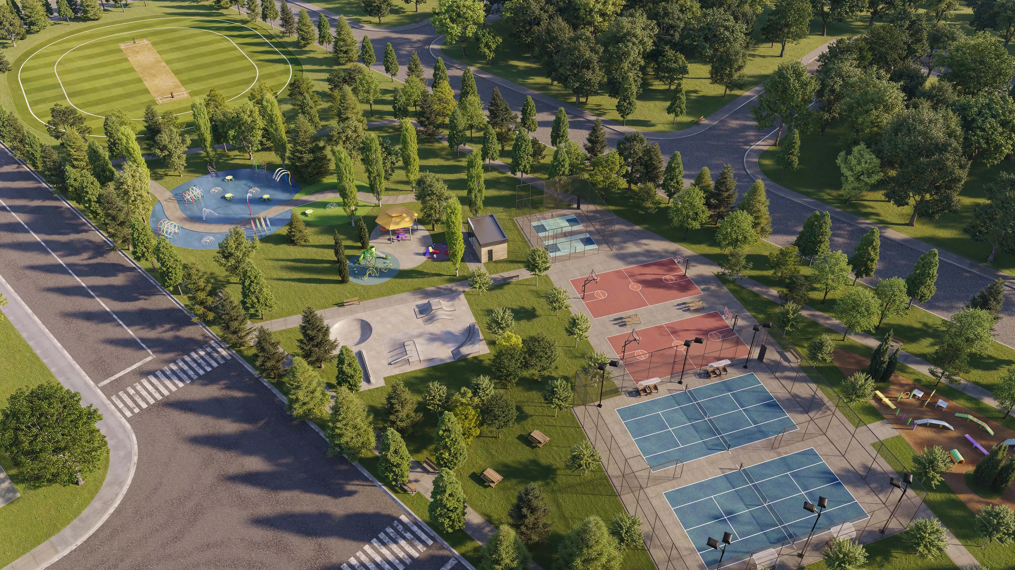 Aerial rendering of the community park, skate park and sports courts at Wildfield Village