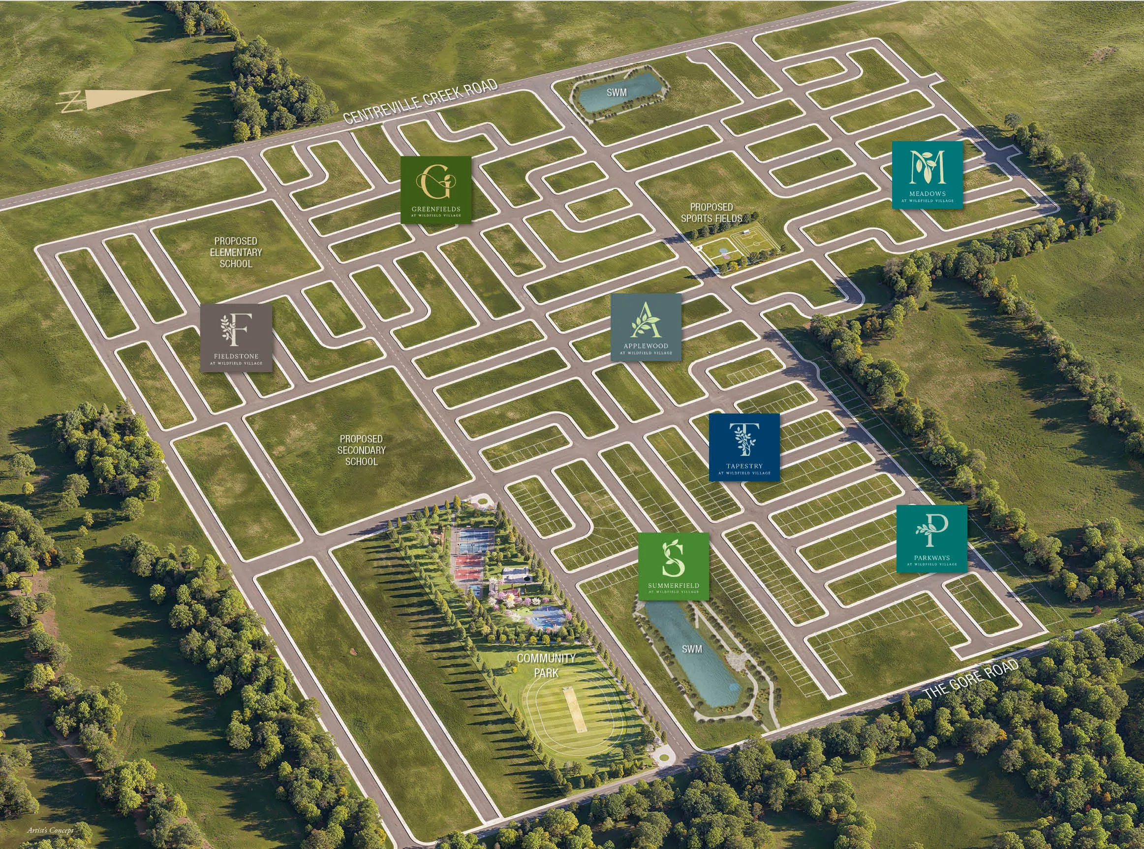 Aerial master plan of Wildfield Village showing seven enclaves, proposed schools, community park and road network