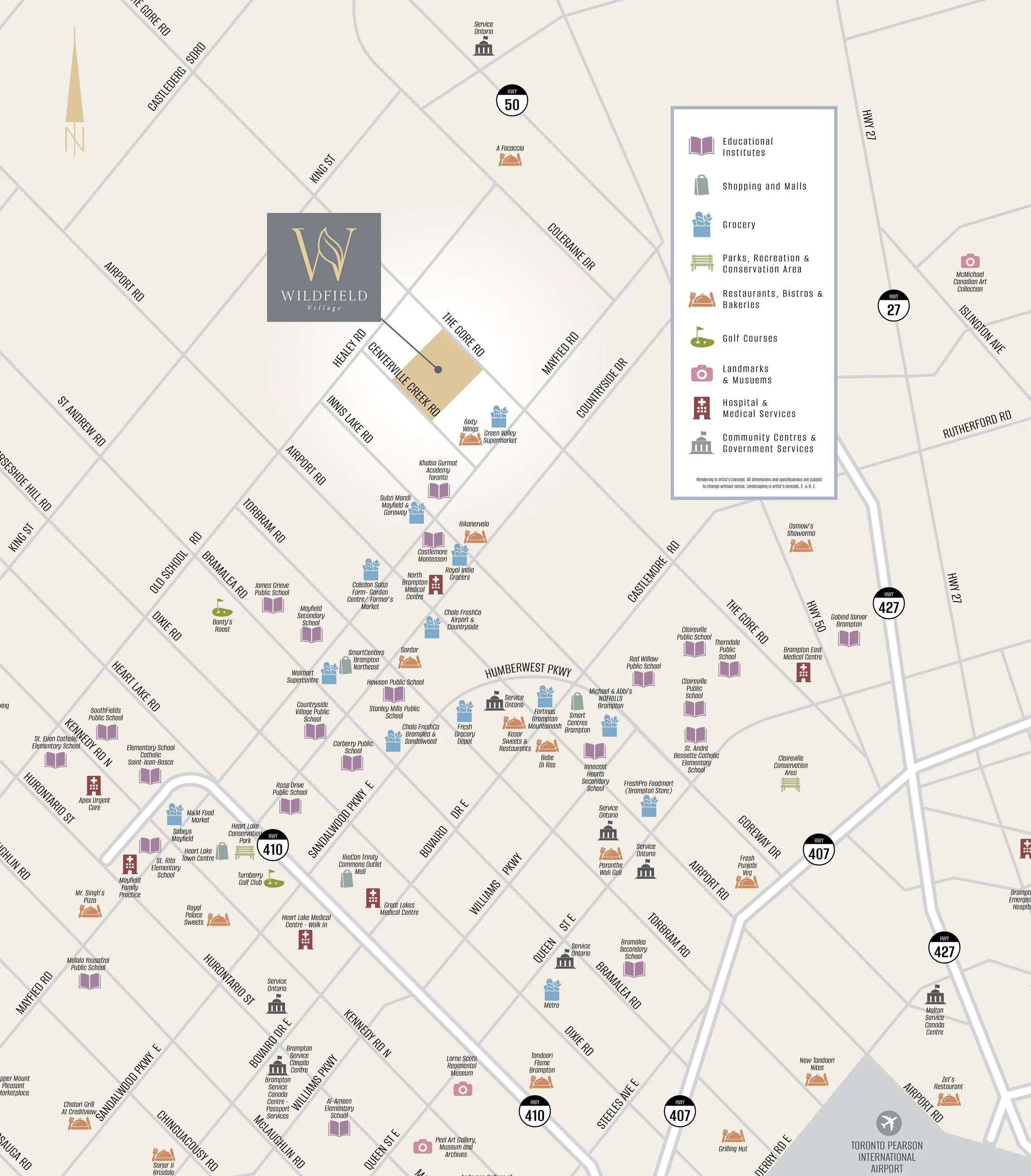 Neighbourhood amenity map around Wildfield Village showing schools, shopping, grocery, parks, restaurants, golf courses, medical services and highway access across Caledon and Brampton