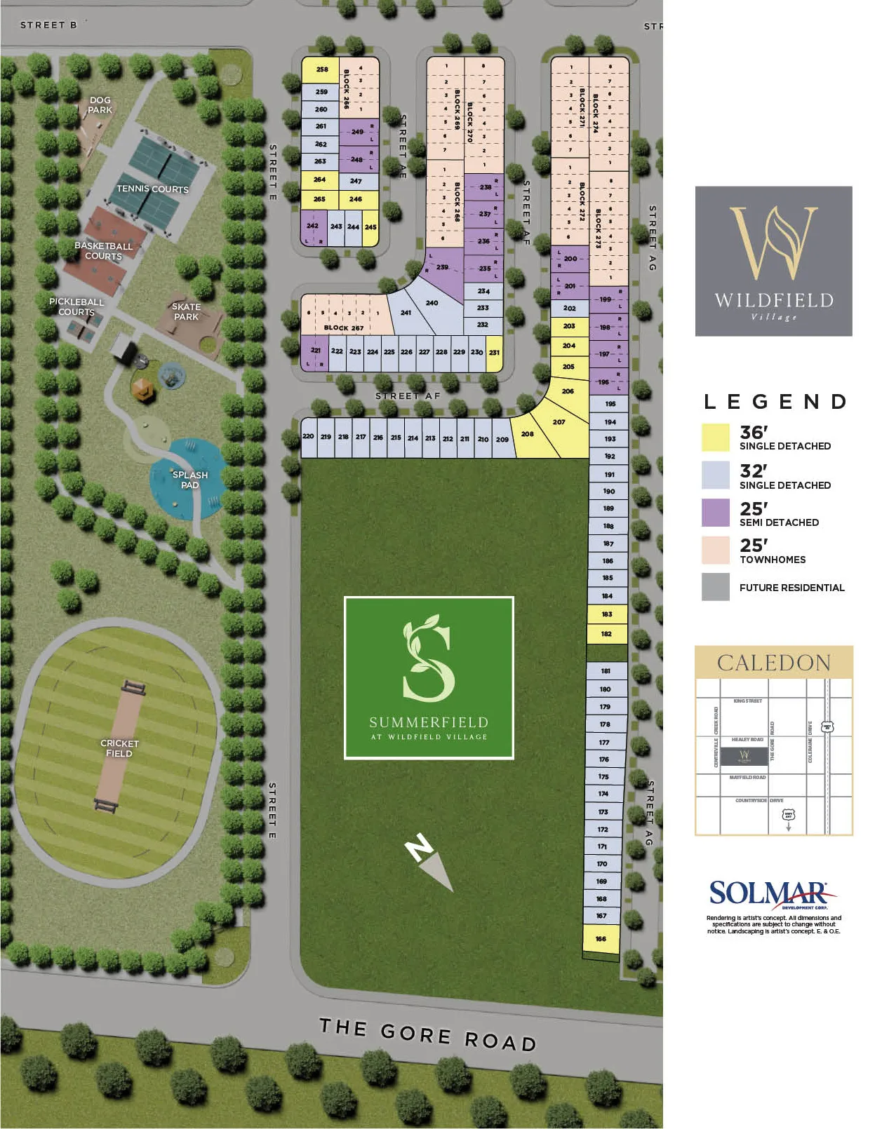 Phase 1 Summerfield site plan at Wildfield Village showing numbered lots, lot types, cricket field, splash pad and courts