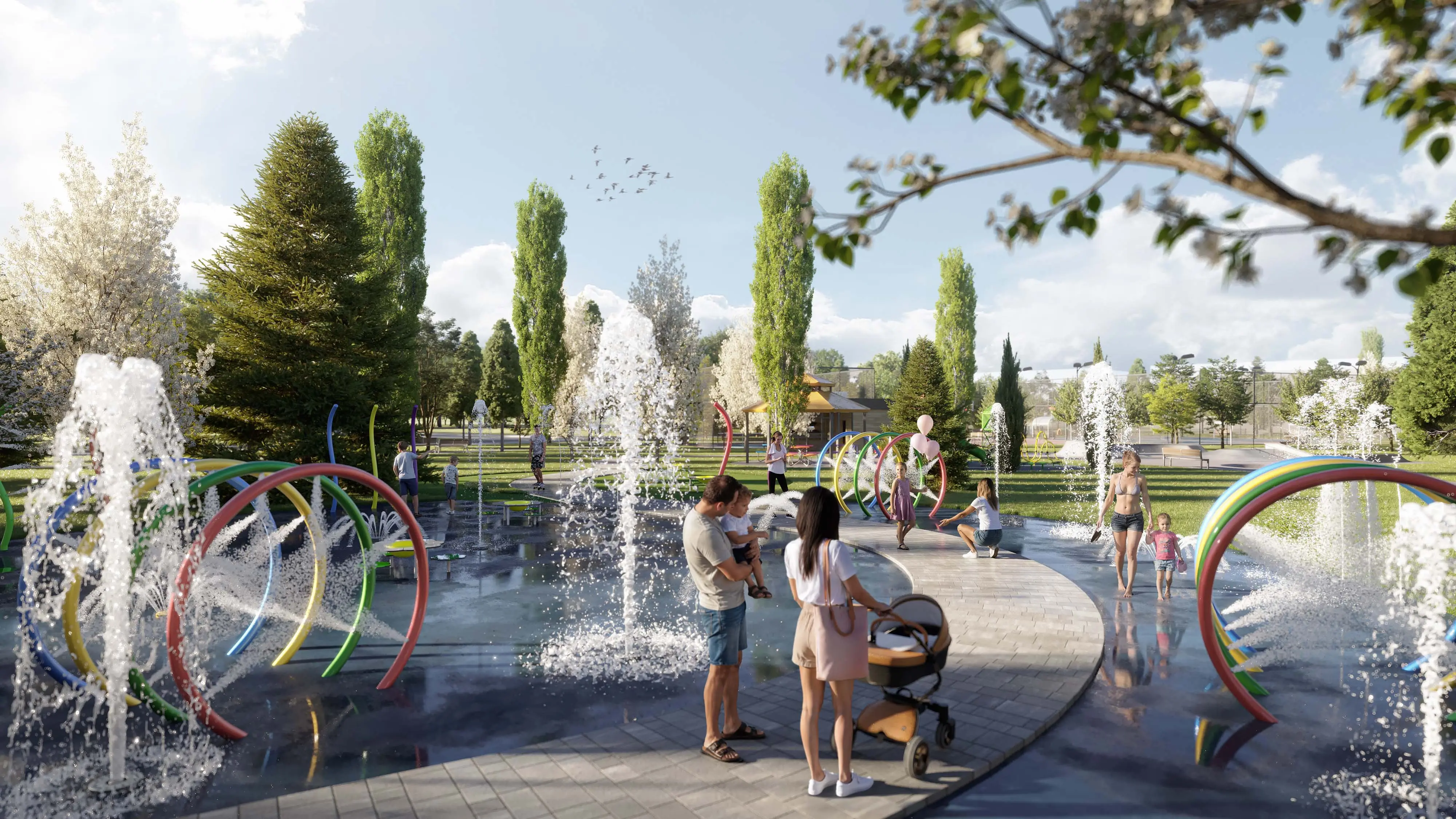 Rendering of the splash pad and playground at Wildfield Village