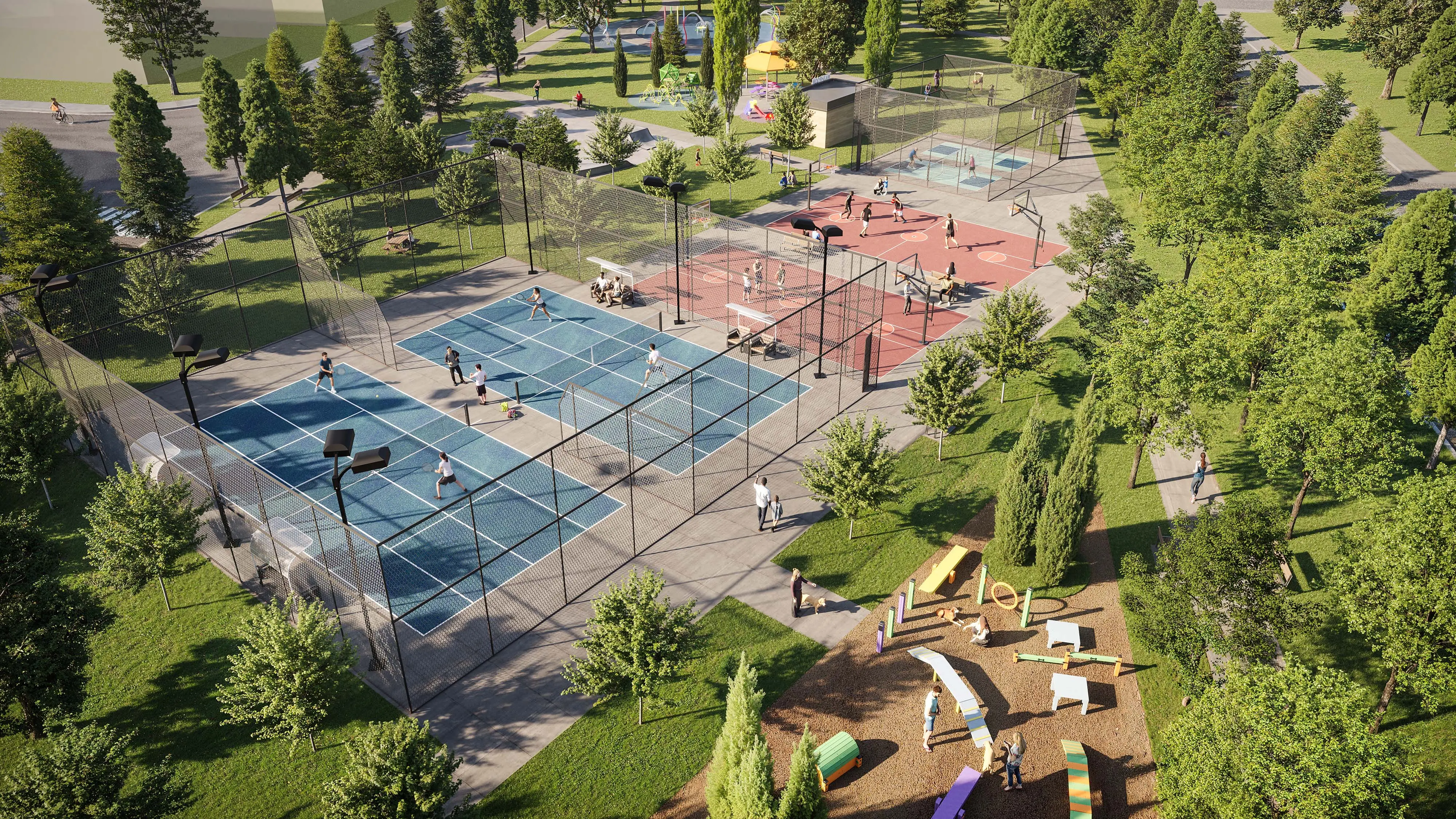 Rendering of tennis, basketball and pickleball courts at Wildfield Village